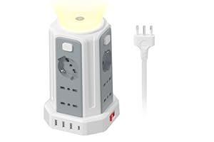 KEMELO 2 M Ciabatta Elettrica Multipresa con Luce Notturna 12 Prese Universali 10/16A ITA e Schuko e 3 USB A+1 USB C Protezione Sovratensione con 4 Interruttori Indipendenti per L'ufficio, La casa