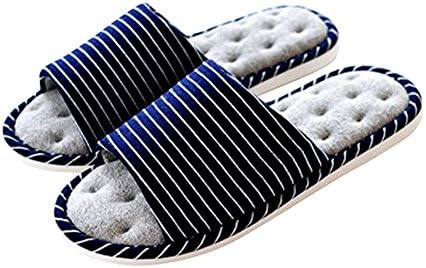 Buzede Japanese Style Cotton Soft Men and Women Dark Blue Stripe Slippers For Wooden Floor Indoor Non-Slip Couple Home
