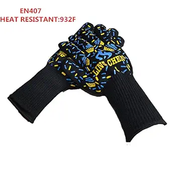 932?F EN407 Certified Extreme Heat Resistant Grilling Cooking Gloves for Barbeque Grill, Oven, Cooking, Fireplace, Frying, Smoking, Baking, Kitchen (Blue)