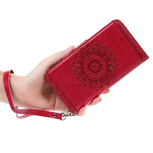 P8 Lite Wallet Case Huawei P8 Lite Flip Hülle YOKIRIN Traumfänger 3D Relief Totem Blume Schutzhülle PU Leder Flipcase Handyhülle Klapptasche Skin mit Kreditkarteninhaber Kippständer Magnetverschluss in Rote - 6