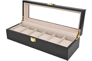 NUZEKY Uhrenbox für Herren mit Platz 6 Fächern, 100% Echtholz Uhrenkasten mit Glasdeckel, Aufbewahrungsbox als Geschenk, mit Uhrenkissen, Weihnachten