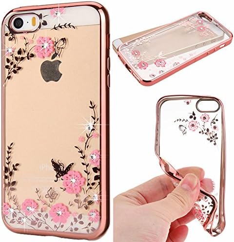 Jamche For IPhone 4 / 4S Case, Ultra Thin Transparent Flowers Bling Crystal Bumper Silicone TPU Gel Clear Rubber Soft Shockproof Protective Back Case Cover Shell for IPhone 4 / 4S, Rose Gold Pink
