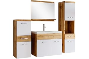 BADPLAATS B.V. Badezimmer Badmöbel Set Alba 60cm Waschbecken Eiche mit Weiß - Unterschrank Hochschrank Waschtisch Möbel