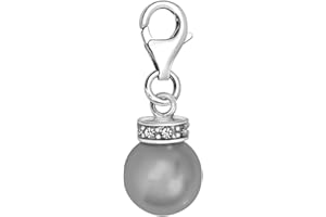 Quiges Charm Pendentif Breloque avec Fermoir Femme Plaqué Argent Gris Imitation Perle avec Couronne en Zircone Blanche