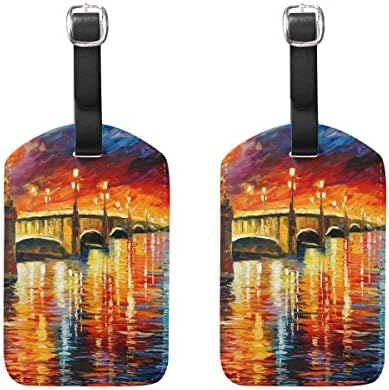 Aumimi Stone Arch Bridge Oil Painting Night Travel Luggage Tags Suitcase Luggage Bag Tags, Travel ID Bag Tag Airlines Baggage Labels 2PCS