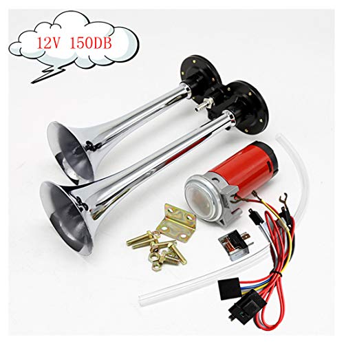 DHUILE Bocina de coche 12 V 150 db de bocina de aire doble tubo de bocina cromo de zinc doble trompeta de aire con compresor para cualquier vehículo 12 V camiones coches trenes