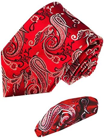 LORENZO CANA Luxury Set Tie And Hanky Jacquard Woven Italian Silk Handmade Necktie Ties - Red Paisley Pattern