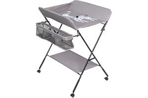 QIHANG-UK Space-Saving Baby Changing Table, Mobile Newborn Massage Table, Infant Care Station with Wheels, Foldable Dresser Diaper Organizer (Grey)