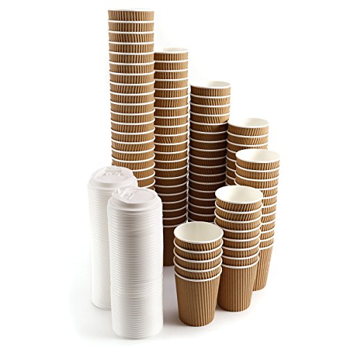 8/12/ Insulated Ripple Disposable Paper Coffee Cups, Brown, 100pcs w Lid (8oz)