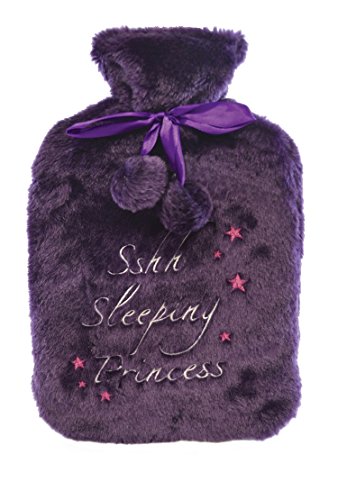Sleeping Princess Purple Embroidered Slogan Plush Faux Fur Pom Pom 2L Hot Water Bottle