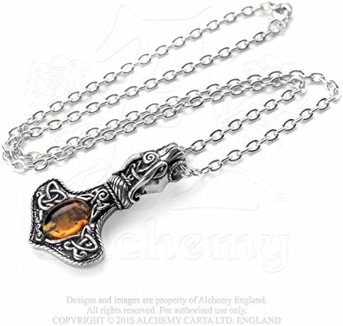 Viking Dragon Head Thors Hammer Pewter Pendant set with Amber Alchemy Gothic,