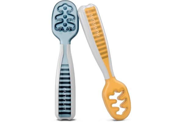 NumNum GOOtensils Cuillère Bébé 1er Âge - Étape 1+2 Silicone Cuillere Bebe Apprentissage 6+ Mois - Idéale Couvert pour Diversification Alimentaire Bébé et Autonomie - Sans BPA - Lot de 2 (Bleu/Orange)