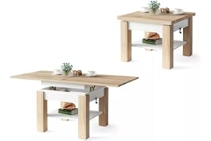 ‎ALL4ALL All4All Multifunktionaler Couchtisch Claris - Wohnzimmertisch Kaffeetisch – kompakte Größe - 130x75 cm – Höhenverstellbar – platzsparend – Sonoma Eiche + WEIß 05