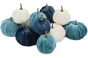VORAE Halloween Artificial Pumpkins 12Pcs Velvet Pumpkin Ornament Mini Fake Pumpkins for Fall Harvest Autumn Halloween Thanksgiving Party Home Decor (Blue)