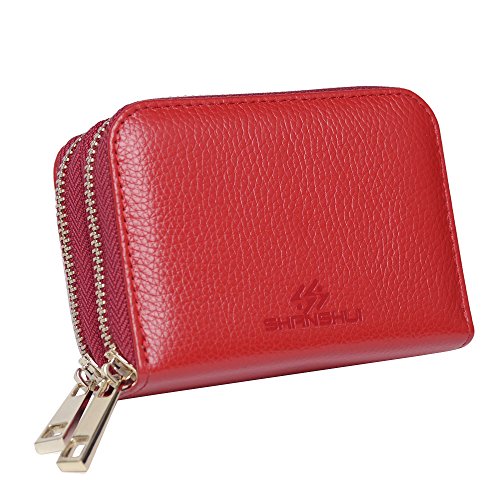 Cartera Tarjetero RFID de Piel Genuino,SHANSHUI Monedero con Doble Cremalleras,12 Raruras para Tarjetas Regalo para Mujer Hombre 5 Colores(Rojo)