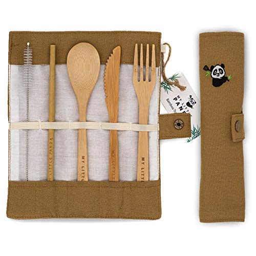 My Little Panda Juego de Cubiertos Desechables de bambú | Bolsa de algodón Reutilizable ecológica Decoraciones, Bodas y Fiestas. (Cacao Marrón)