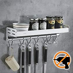 Wangel Porte-épices, Support Rangement Ustensiles de Cuisine Mural 7 Crochets, Colle Brevetée + Auto-adhésif, Aluminium, 40cm