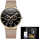 Watch-LUTEM Herren Minimalistische Ultradünne Wasserdichte Armbanduhren Uhr Uhren mit Milanese Armband, Schwerelos, Quarzwerk, Wochen- / Datums- / 24-Stunden-Anzeige