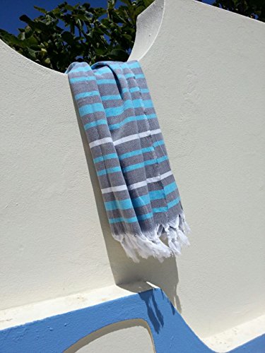 Hamamtuch XXL ‚IBIZA‘ | 150x210cm | Als superdünnes Badetuch oder Strandtuch ideal. | Hochwertige Qualität 100% Baumwolle handgewebt, sehr weich| Original nur von ZusenZomer (150×210 cm, Türkis und gris) - 2