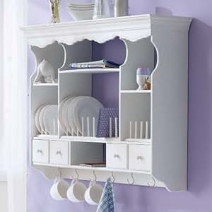 Tellerregal Küchenregal, 7 Fächer, 4 Schubladen, 6 Haken, Holz, weiß