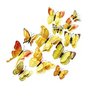 Toyvian 12PCS 3D Butterfly Wall Stickers Removable Double-Deck Simulation Butterfly Mural Wall Decals for DIY Living Room Bedroom Decoration (Yellow)