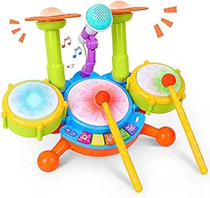 India Toy Kids Drum Set, Electric Musical Instruments with Flash Light Toys with 2 Drum Sticks, Beats Flash Light and Adjustable Microphone, Birthday Gift for 3-12 Years Old Boys and Girls