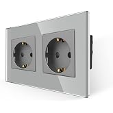 JIMEIDA Double plug in grey, Schuko glass sockets 16A recessed wall outlet with protection contact 157 x 86 mm, 250 V