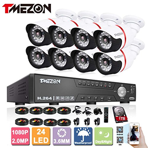 TMEZON AHD 8CH 1080N Home DVR NVR HVR 3 In 1 CCTV Security Camera Surveillance System 1TB HDD 8x2.0MP HD Weatherproof 80ft Night Vision Outdoor Bullet Camera,Support P2P Remote Monitor By Smartphone