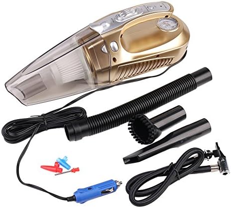 Car Vacuum Cleaner 4 in 1 Powerful Wet/Dry 12V 60W Car Vacuum Dustbusters Car Vacuum Hoover with 100W Tire Inflator 150PSI LED lights and Tire Pressure Gauge, Rechargeable, Lightweight, Portable and Compact (Golden)