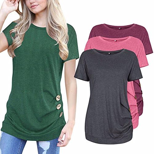 HARRYSTORE Women Short Sleeve Loose Button Trim Blouse Solid Color Round Neck Tunic T-Shirt Tops