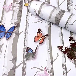 Wolpin Wall Stickers DIY Wallpaper (45 x 500 cm) 3D Stark Trees and Butterflies Decals Self Adhesive Waterproof Kids Room Wardrobe, Wall Decor Nature, White