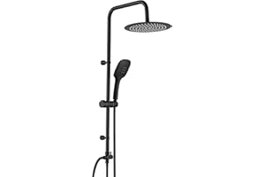Ulytid Columna de Ducha Negra,Columna de Ducha de Hidromasaje sin Grifo, Set de Ducha Orientable de Pared de Acero Inoxidable, con Cabezal de Ducha Redondo de 25cm, Teleducha de 3 Tipos de Agua, Flexo