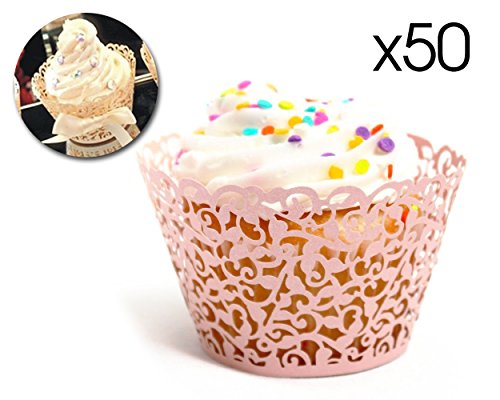 DSstyles Packung mit 50 Laser Geschnittenen Papier Rebe Filigrane Cupcake Wrappers Cupcake Inhaber Muffin Wrapper Backen Tassen Kuchen Dekoration Supplies - Rosa