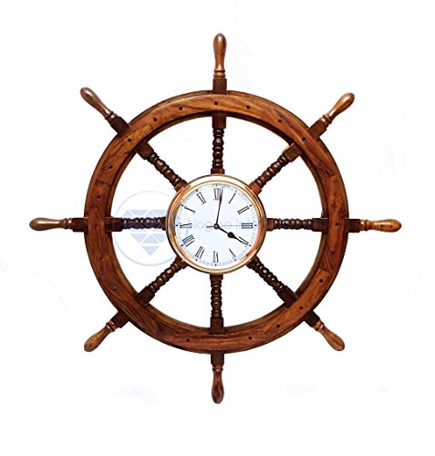 Premium Nautical Hand Crafted Brass Time's Clock Wooden Ship Wheel | Pirate's Wall Decor | Home Decorative Gifts | Nagina International (36 Inches)