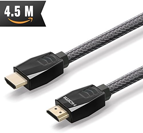 HDMI Cable 4.5m ( The Highest Speed ) Nylon Braided HDMI 2.0 Cord, 18Gbs Support 4K, Ethernet, ARC, UHD, 3D, HDR for 4K/HD TVs, PS4/3, Xbox one, PC, Displays and More + Right Angle Adapter