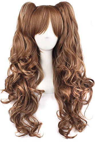 MapofBeauty Multi-color Lolita Long Curly Clip on Ponytails Cosplay Wig (Brown/ Khaki)