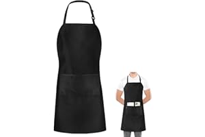 Luoqun88 Adjustable Black Bib Apron with 2 Pockets, Professional Cooking Kitchen Chef Women Men Aprons with Long Ties for Home Kitchen, Restaurant, Baking Gardening BBQ- Black