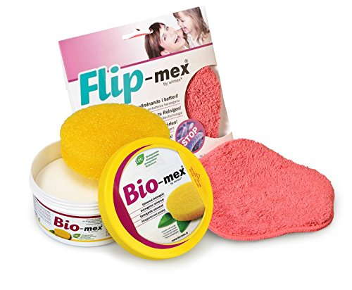 Bio-mex Kit Panno Flip-Mex. Detergente Solido Universale 300 gr. Naturale e biodegradabile (1 Spugna Inclusa). Flip-Mex Panno Spugna in Microfibra con Tecnologia Antibatterica Nano-Argento