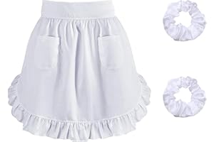 YSUY White Waist Apron with Pockets and Two Hairbands, Waitress Aprons, Half Apron for Cooking & Cleaning, Adjustable Ruffle Aprons for Women's Costumes, Maid Apron, for Restaurant and Coffee Shop