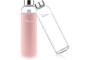 Ryaco Bouteille d'eau en verre de 1000ml/33oz sans BPA– Bouteille en borosilicate anti-fuite–Idéale pour maison, les voyages, le sport, le yoga, la gym, les boissons chaudes et froides avec