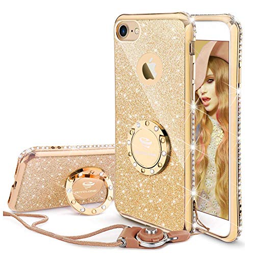 OCYCLONE Fundas para iPhone 8/iPhone 7,Purpurina Fundas Carcasa con Anillo para Mujer,Ultra Slim Soft TPU Fundas Movil con Glitter Brillante Anillo Bumper Apple iPhone 8,iPhone 7 para Mujer,Oro