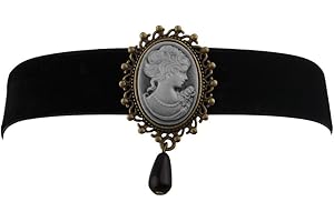 KUIYAI Schwarze Choker-Halskette mit viktorianischem Kamee-Anhänger und schwarzer Perle
