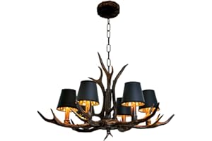 A.1.COO Geweih Kronleuchter Lampe Glanz Antike Schlafzimmer Pendelleuchte Harz und Schwarzer Stoff Lampenschirm Decke Kronleuchter Korridor Vintage Stil Harz Horn Horn E14 × 6 Lichter Dekoration Esstisch