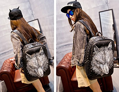 Koolertron Wolf Studded College Rucksack Laptop 14″ Backpack Kunstleder Unisex Vivid AnimalPrint für Frauen Mädchen Männer Jungen Schulranzen3D Tier Schulrucksack Fuer Schule Camping Reisen (Silber) - 5