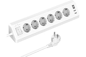 SUDEERY Listwa zasilająca z 4 gniazdami USB (2 type-C), 6 gniazdek wielokrotnych z przełącznikiem, ochrona przed przepięciem, z kablem USB C i kablem 2 m do kuchni (biała)