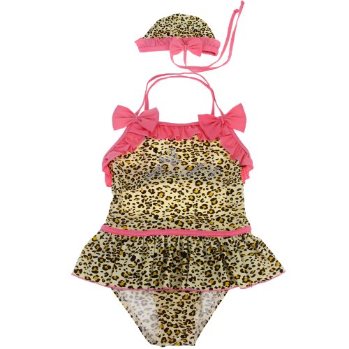 BAO CORE Kids Comfy One-piece Bathing Swimsuit Beachwear With Hat for Baby Girls Toddler Children With Bowknot Leopard Swimwear Age 1-6 Years, 12-18Months