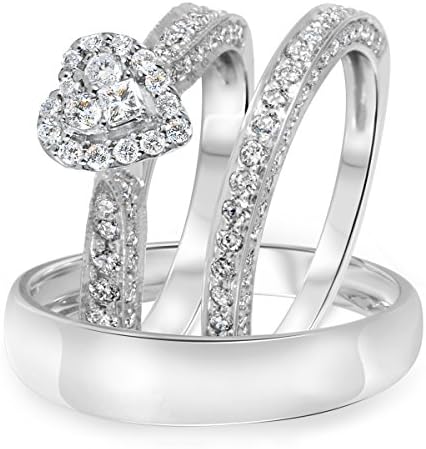 Silvernshine Jewels 1/5 Ct Sim Diamond 14K White Gold Plated Men's &amp; Women's Engagement Trio Ring Set