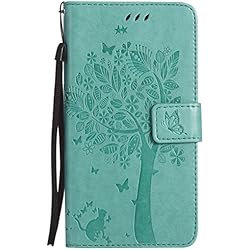 ISAKEN Funda para Samsung Galaxy J7 2016, Cartera Fundas de PU Cuero Leather Wallet Case Cover Carcasa Funda con Portátil Correa función de Soporte para Samsung Galaxy J7 2016 (Gato Árbol Verde)