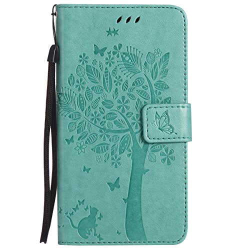 ISAKEN Funda para Samsung Galaxy J7 2016, Cartera Fundas de PU Cuero Leather Wallet Case Cover Carcasa Funda con Portátil Correa función de Soporte para Samsung Galaxy J7 2016 (Gato Árbol Verde)