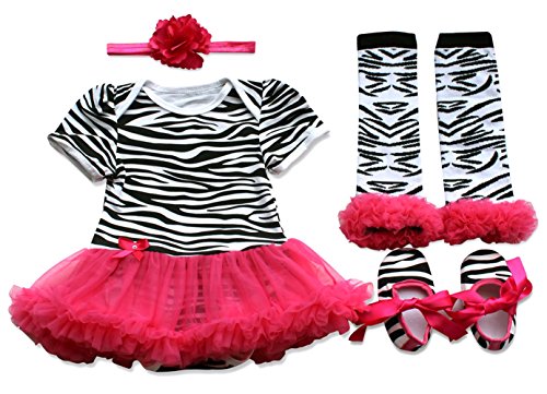 iEFiEL Baby Girls 4PCs Outfits Sets Clothing Romper Tutu Dress Headband Shoes Leggings Hot Pink Zebra 3-6 Months